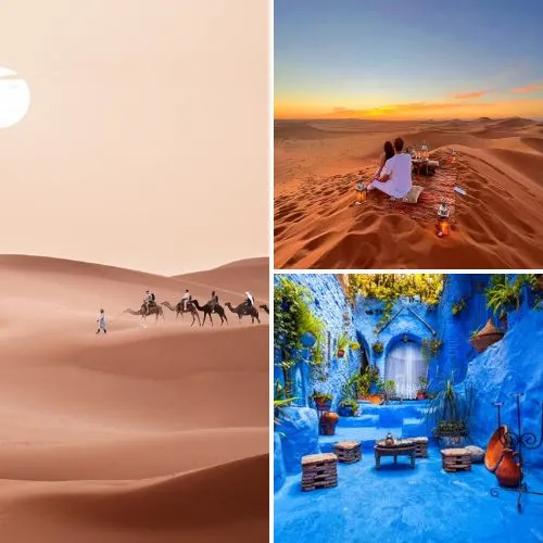 Camel caravan in Erg Chebbi dunes on a 3-day desert tour from Fes to Marrakech.