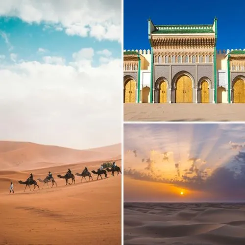 Luxury desert camp under starry sky in Merzouga, part of a 4-day tour from Fes.